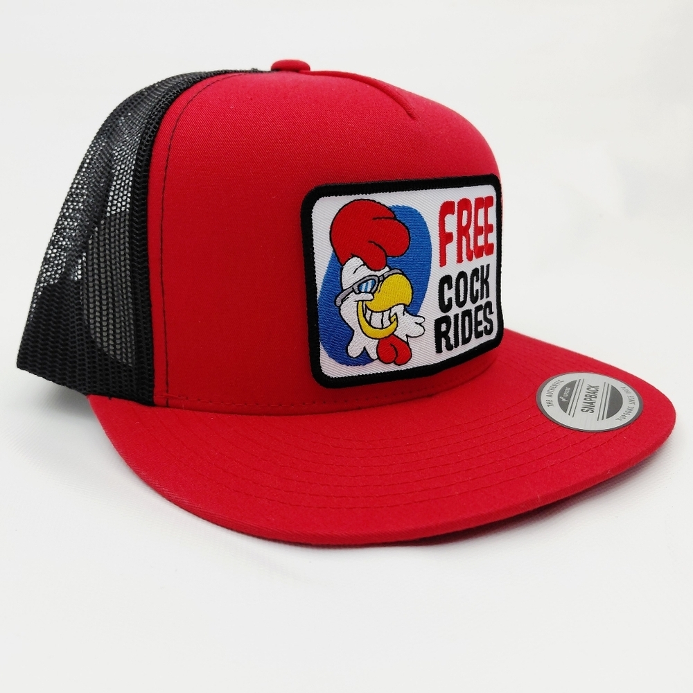 Free Chicken Rides Red Snapback Hat with Cartoon Patch - Picture 3 of 4